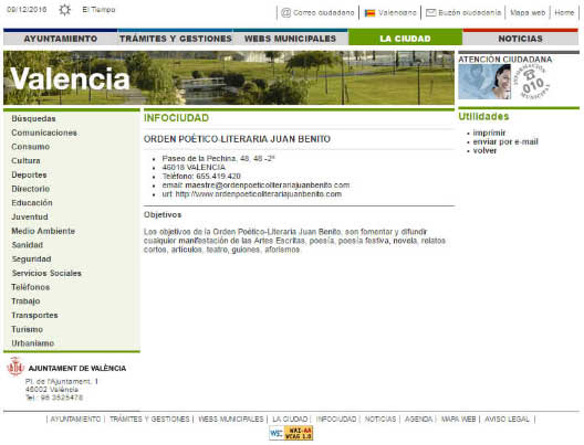 La Orden Poético-Literaria Juan Benito en la web del Ayuntamiento de Valencia
