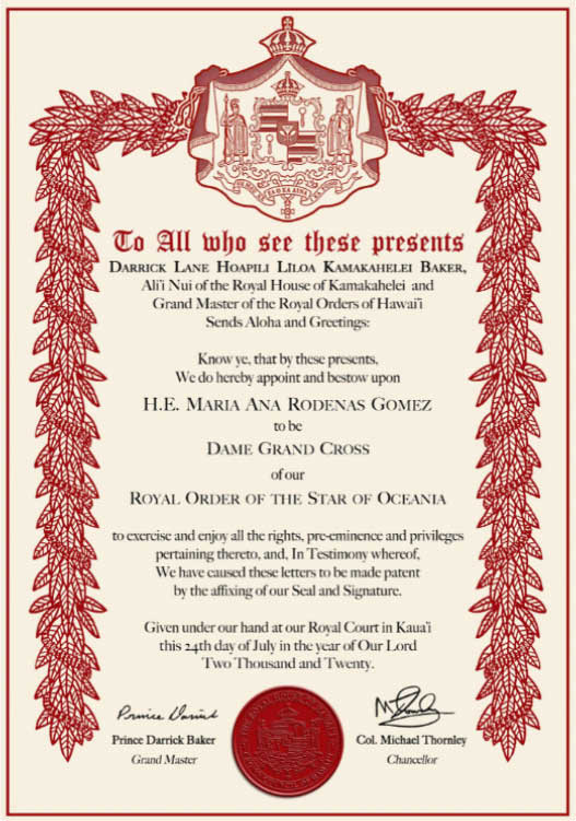 Ana Ródenas Gómez - Dama Gran Cruz de la Real Orden de la Estrella de Oceanía