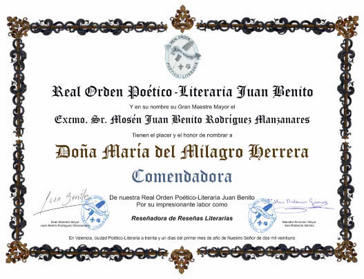 María Herrera - Comendadera de la Real Orden Poético-Literaria Juan Benito